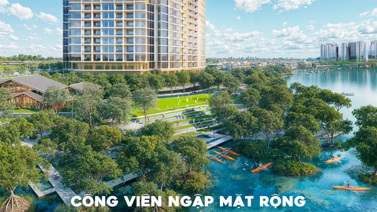 Cảnh quan khu đô thị Charmora City với công viên sinh thái và hồ nước xanh ngát.